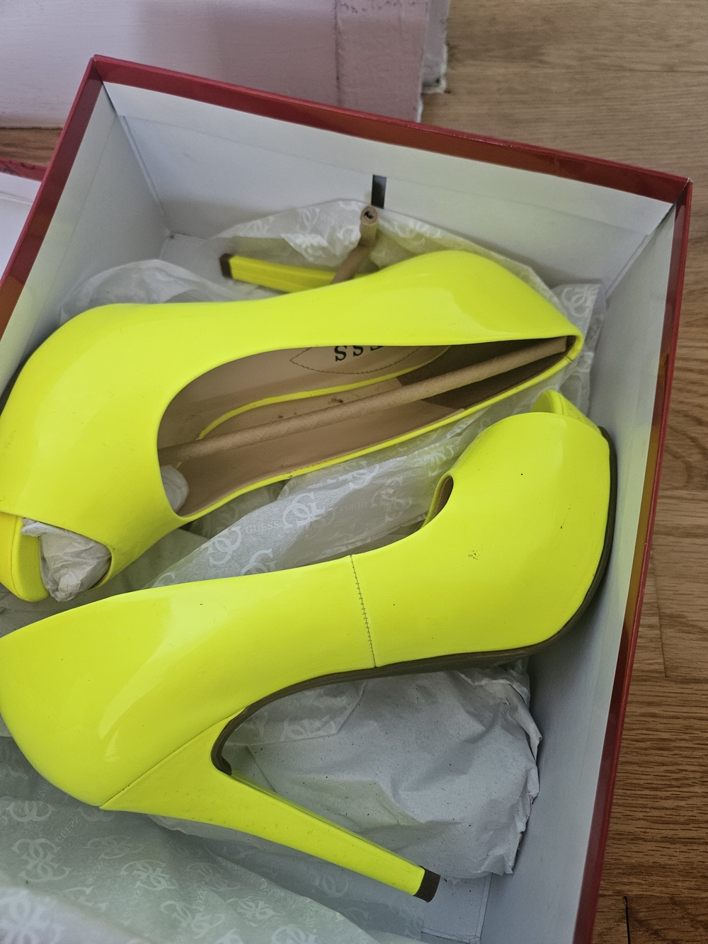 Guess Neon Yellow Patent Peep-Toe Stiletto Heels